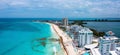 Flying over beautiful Cancun beach area. Aerial view of luxury hotels Royalty Free Stock Photo