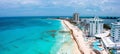 Flying over beautiful Cancun beach area. Aerial view of luxury hotels Royalty Free Stock Photo