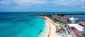 Flying over beautiful Cancun beach area. Aerial view. Royalty Free Stock Photo