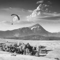 Flying over Carpathian spring mountain valley. Monochrome Royalty Free Stock Photo