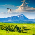 Flying over Carpathian spring mountain valley Royalty Free Stock Photo