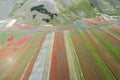 Flying over Castelluccio di Norcia, among ruins and bloom.