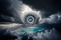 flying over the eye of a tropical cyclone, with clouds and storm in the background Royalty Free Stock Photo