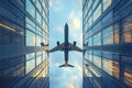 Flying over glass reflection skyscraper is a jumbo jet cargo passenger plane Royalty Free Stock Photo