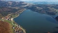 Flying over lake in the Slovak Paradise park, Slovakia.