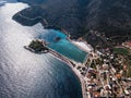 Flying over Methana sailing yaht marina in Aegean sea.