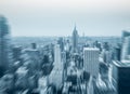 Flying over the skyscrapers of a big city. Manhattan, aerial view.