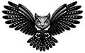 Flying owl with spread wings. Vector monochrome illustration. Template for poster design Royalty Free Stock Photo