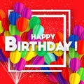 Flying Paper cut balloons. Colorful Happy Birthday Greeting card. Squae frame for text. Royalty Free Stock Photo