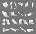 Flying paper pages, icon set. Falling papers documents sheets. Curved corner and fly page sheet. Scattered office sheets Royalty Free Stock Photo