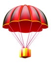 realistic red flying parachute with paper gift boxe.