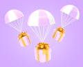 Flying parachutes and pink gift boxes with golden ribbon and bow 3d render. Concept of shipping present, parcel delivery Royalty Free Stock Photo