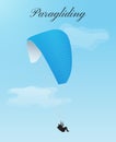 Flying paraglider with blue parachute and man