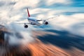 Flying passenger airplane and blurred background