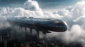 Flying passenger train. Futuristic sci fi city in clouds. concept of the future. AI Generative