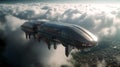 Flying passenger train. Futuristic sci fi city in clouds. concept of the future. AI Generative