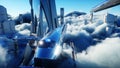 Flying passenger train. Futuristic sci fi city in clouds. Utopia. concept of the future. Aerial fantastic view. 3d