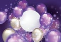 Flying pearl and ultraviolet balloons, with free space on the paper banner and blurred lighting glitters. Birthday Royalty Free Stock Photo