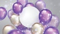 Flying pearl and ultraviolet balloons, with free space on the paper banner and blurred lighting glitters. Birthday Royalty Free Stock Photo