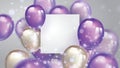 Flying pearl and ultraviolet balloons, with free space on the paper banner and blurred lighting glitters. Birthday Royalty Free Stock Photo