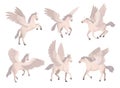 Flying pegasus. Cartoon mythical horse with wings, magical horses running poses animation, fairy unicorn animal