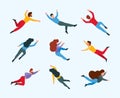 Flying persons. Moving and dreaming people in action poses sleeping and imagination space gravity freedom concept garish