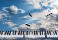 Flying piano keys are getting blown apart. Against the background of the blue sky, in the white clouds Royalty Free Stock Photo