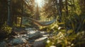 A flying picnic blanket making its way through a beautiful forest gliding between tall trees and over a babbling brook Royalty Free Stock Photo