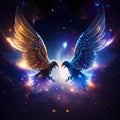 Flying pigeons on the background of the night sky with stars. AI generated