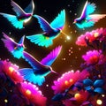 Flying pigeons in the night sky with flowers. 3d rendering generative AI