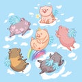 Flying pigs in the clouds. Cartoon characters. Six mini pigs isolated on blue background