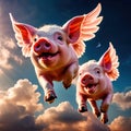 flying pigs with wings in sky with clouds smiling