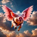 flying pigs with wings in sky with clouds smiling