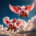 flying pigs with wings in sky with clouds smiling