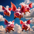 flying pigs with wings in sky with clouds smiling