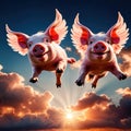 flying pigs with wings in sky with clouds smiling