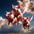 flying pigs with wings in sky with clouds smiling