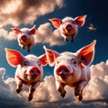 flying pigs with wings in sky with clouds smiling