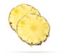 Flying pineapple slices. Levitation of fruit on a white background Royalty Free Stock Photo