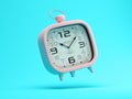 Flying pink clock on blue background 3 D illustration