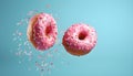 Flying pink sprinkled donuts. Sweet doughnut on pastel blue background