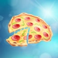 Flying Pizza Blue Bokeh Background EPS10