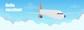 Flying plane above the clouds. Aircraft in the sky. Travel concept illustration for advertising airline, website to search for air Royalty Free Stock Photo