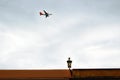 Flying plane on blue sky backgound with street light Royalty Free Stock Photo