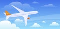 Flying plane at cloudy blue sky vector flat illustration. Passenger airplane flight carrying people
