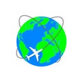 Flying Plane. Earth planet. Flying around the world. Flat icon. Vector illustration - Vector