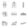 Flying on plane icons set, outline style Royalty Free Stock Photo