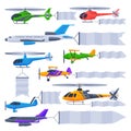 Flying Planes and Helicopters with Blank Banners Collection, Air Vehicles with White Ribbons for Advertising Vector Royalty Free Stock Photo
