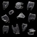 Flying plastic bags on a black background. Can be used for combination in images. Contamination of the planet concept