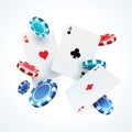 Flying poker cards, chips. Casino gambling realistic 3D falling play card and plastic red and black chip. Vector
